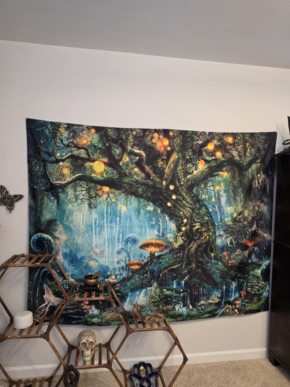 Mystical Forest Tree Tapestry Wall Hanging in Teal and Green